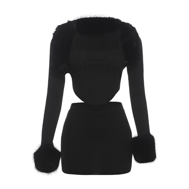 Furry Trim Crop Top and Mini Skirt Set