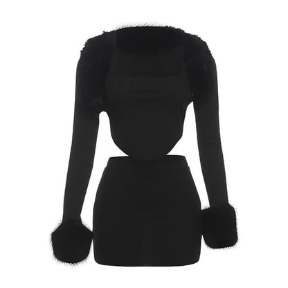 Furry Trim Crop Top and Mini Skirt Set