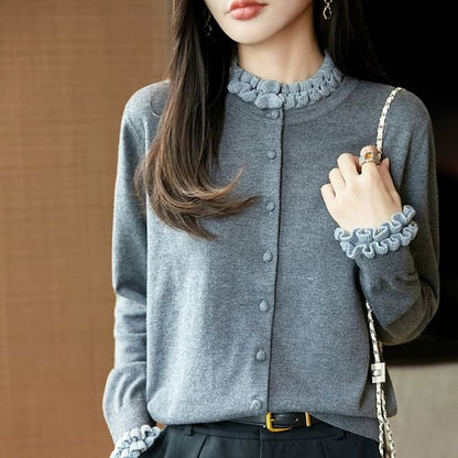 Plain Ruffle Trim Button-Up Cardigan