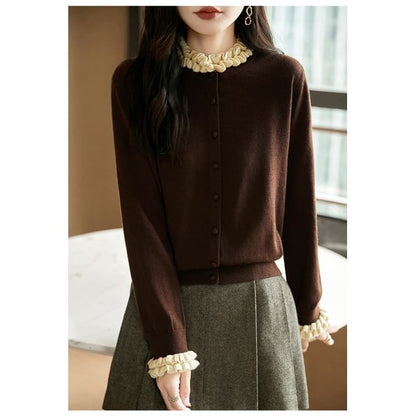 Plain Ruffle Trim Button-Up Cardigan