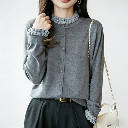 Plain Ruffle Trim Button-Up Cardigan