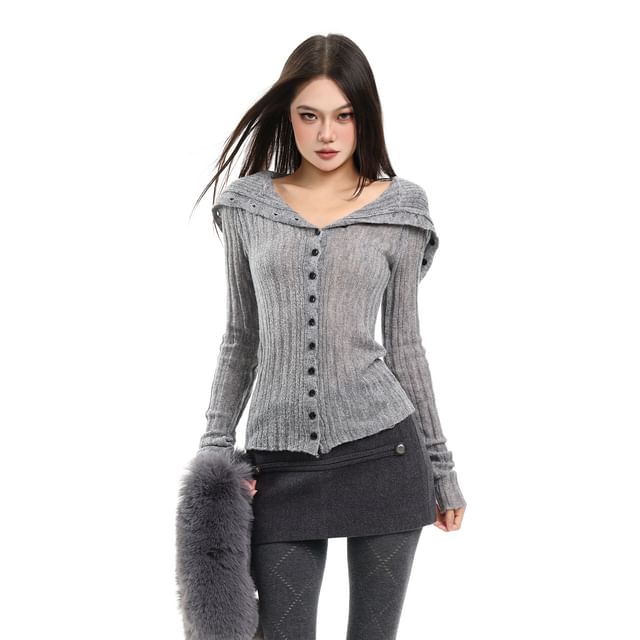 Collared Plain Ribbed Cardigan