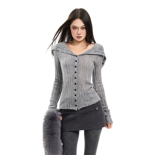 Collared Plain Ribbed Cardigan
