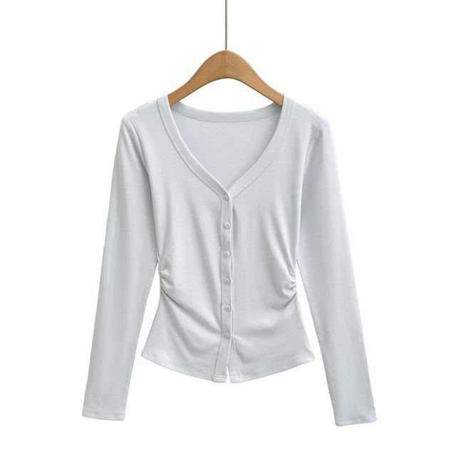 V-Neck Ruched Button-Up Plain Cardigan