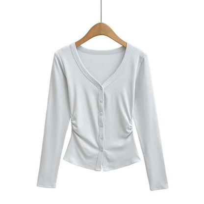 V-Neck Ruched Button-Up Plain Cardigan