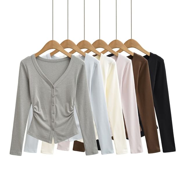 V-Neck Ruched Button-Up Plain Cardigan