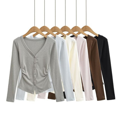V-Neck Ruched Button-Up Plain Cardigan
