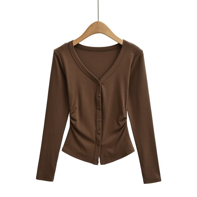 V-Neck Ruched Button-Up Plain Cardigan