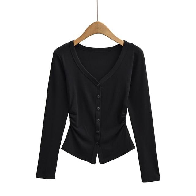 V-Neck Ruched Button-Up Plain Cardigan