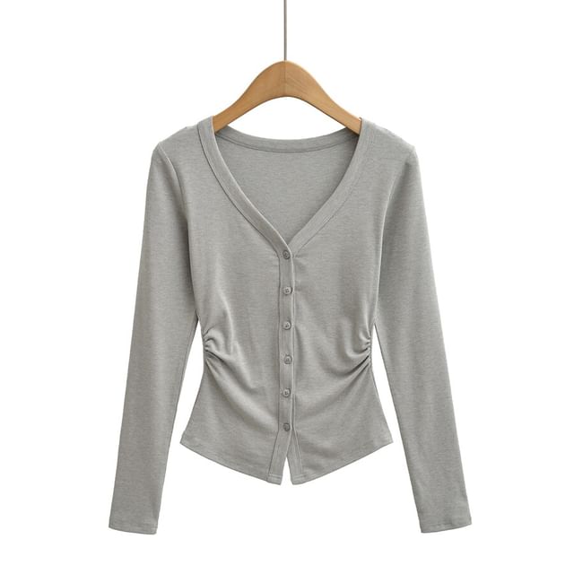 V-Neck Ruched Button-Up Plain Cardigan