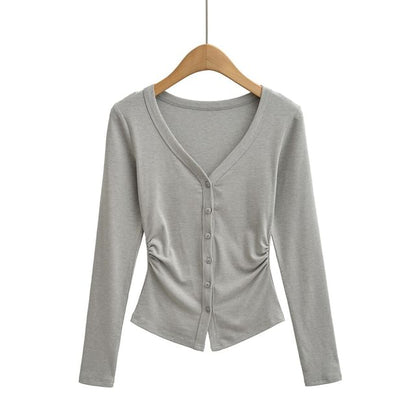 V-Neck Ruched Button-Up Plain Cardigan