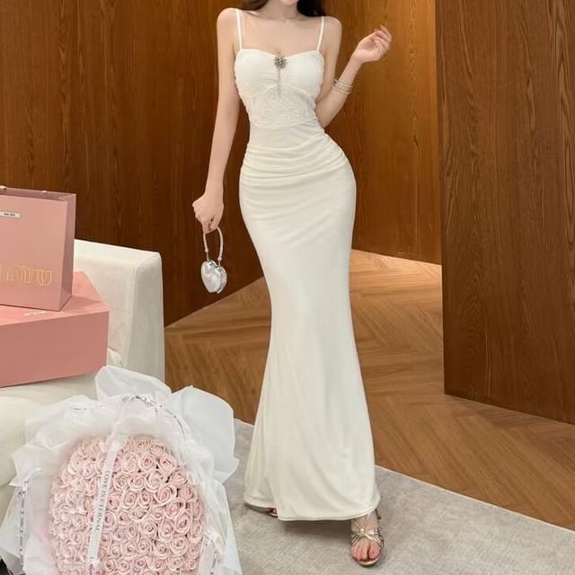 Spaghetti Strap Lace Panel Ruched Open Back Maxi Mermaid Dress