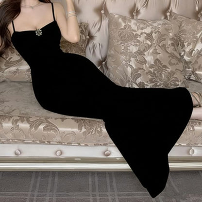Spaghetti Strap Lace Panel Ruched Open Back Maxi Mermaid Dress