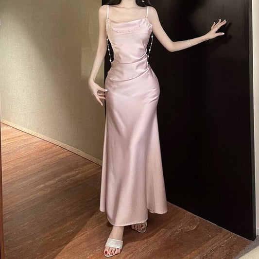 Spaghetti Strap Cowl Neck Faux Pearl Accent Ruched Satin Maxi Mermaid Dress