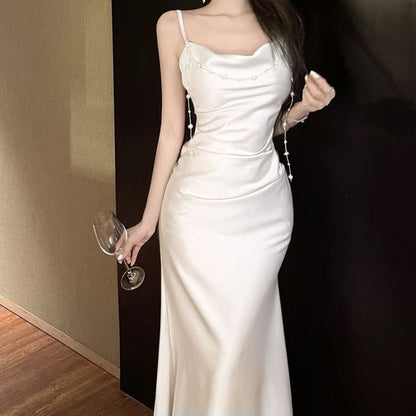 Spaghetti Strap Cowl Neck Faux Pearl Accent Ruched Satin Maxi Mermaid Dress