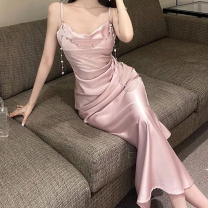 Spaghetti Strap Cowl Neck Faux Pearl Accent Ruched Satin Maxi Mermaid Dress