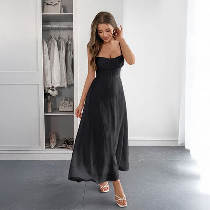 Spaghetti Strap Plain Slim-Fit Maxi A-Line Dress