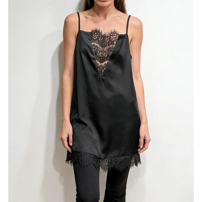 Spaghetti Strap Plain Lace Panel Satin Loose Fit Mini Dress