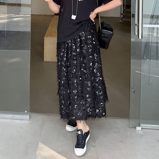 Black Sequin High Waist A-Line Midi Skirt - Altfashion Shop