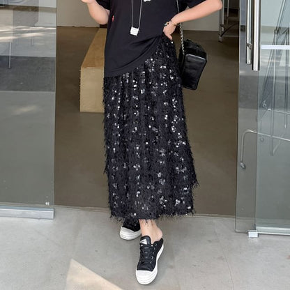 Black Sequin High Waist A-Line Midi Skirt - Altfashion Shop