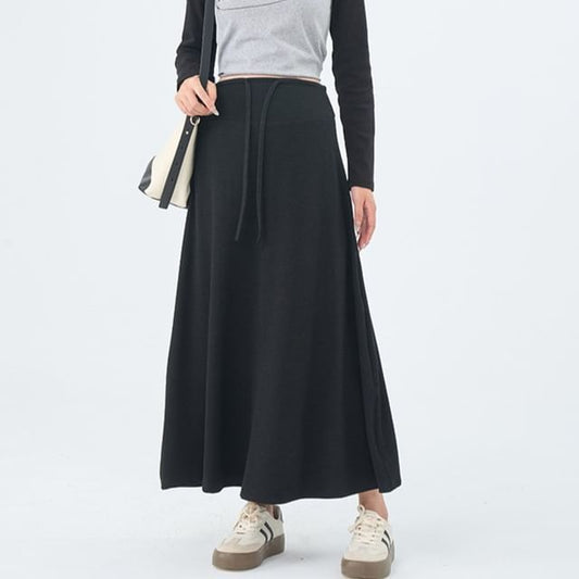 Black Maternity Maxi Skirt with Drawstring Waist - Altfashion Shop