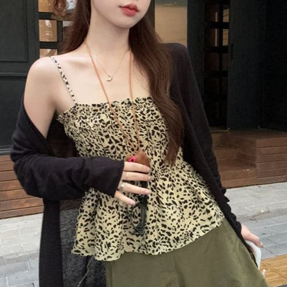 Leopard Print Peplum Camisole Top / Plain Cardigan / High Waist Plain Baggy Pants