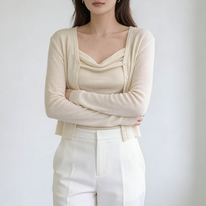 Set: Cowl Neck Plain Crop Camisole Top + Cardigan