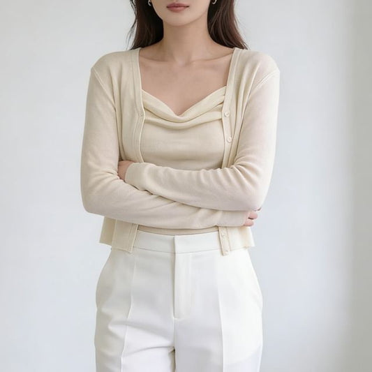 Set: Cowl Neck Plain Crop Camisole Top + Cardigan