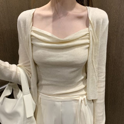 Set: Cowl Neck Plain Crop Camisole Top + Cardigan