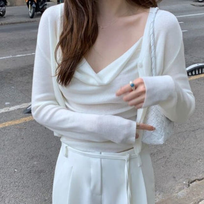 Set: Cowl Neck Plain Crop Camisole Top + Cardigan