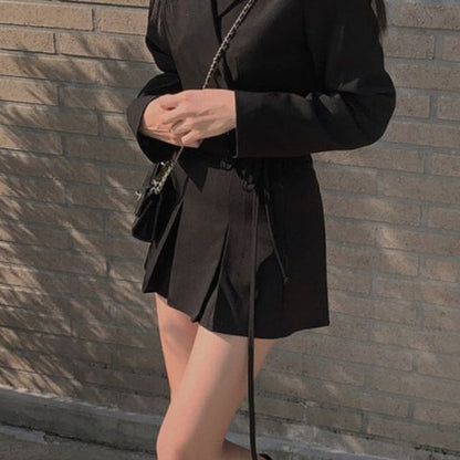 Black Crop Blazer with Notched Lapel and High-Waist Pleated Mini Skirt - Altfashion Shop