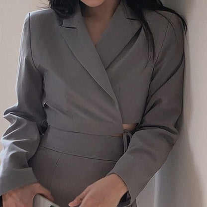 Black Crop Blazer with Notched Lapel and High-Waist Pleated Mini Skirt - Altfashion Shop