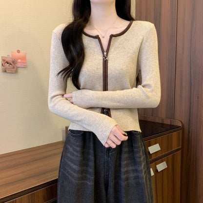 Crew Neck Contrast Trim Zip-Up Crop Cardigan