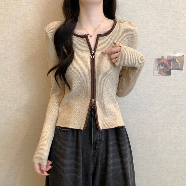 Crew Neck Contrast Trim Zip-Up Crop Cardigan