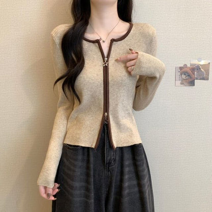 Crew Neck Contrast Trim Zip-Up Crop Cardigan