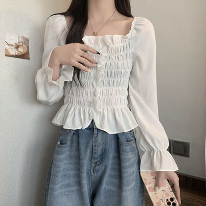 Smocked Frill Square Neck Crop Blouse