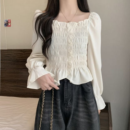 Smocked Frill Square Neck Crop Blouse