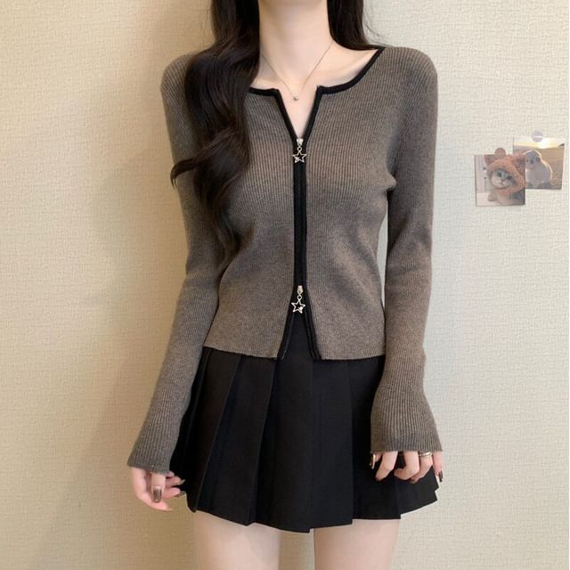 Crew Neck Contrast Trim Zip-Up Crop Cardigan