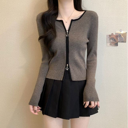 Crew Neck Contrast Trim Zip-Up Crop Cardigan