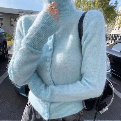 Turtleneck Button-Up Plain Cardigan