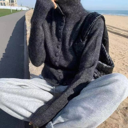 Turtleneck Button-Up Plain Cardigan