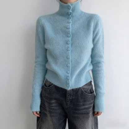 Turtleneck Button-Up Plain Cardigan