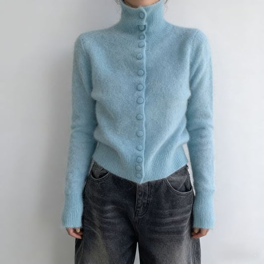 Turtleneck Button-Up Plain Cardigan