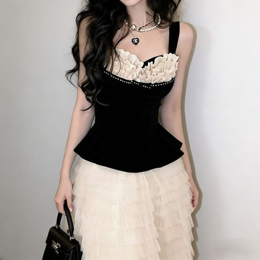 Peplum Crop Tank with Lace Insert - Flirty Style