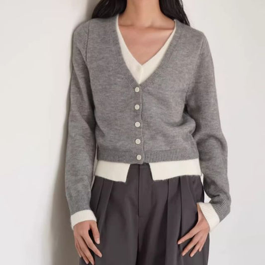 Mock Two-Piece V-Neck Two Tone Button-Up Cardigan