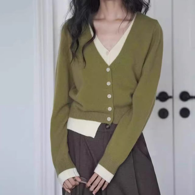 Mock Two-Piece V-Neck Two Tone Button-Up Cardigan