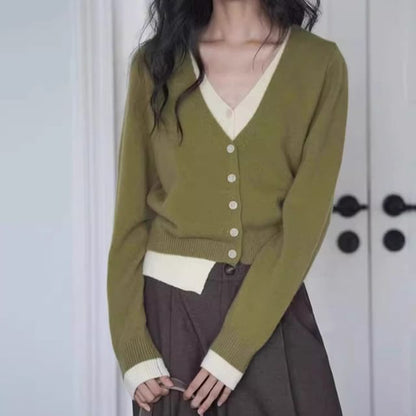 Mock Two-Piece V-Neck Two Tone Button-Up Cardigan