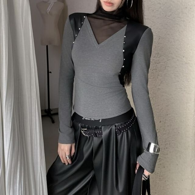 Studded Sheer Panel Turtleneck Tee
