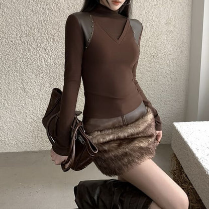 Studded Sheer Panel Turtleneck Tee