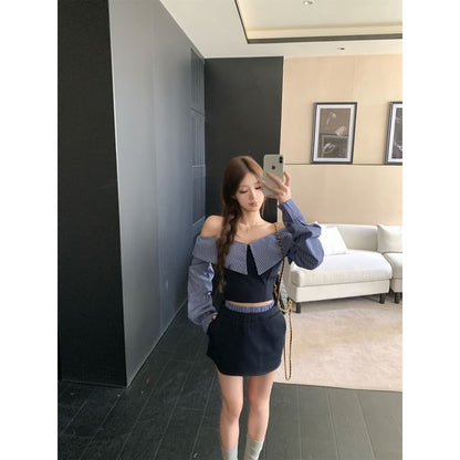 Black Crop Top with Off-Shoulder Plaid Panels - Altfashion Shop